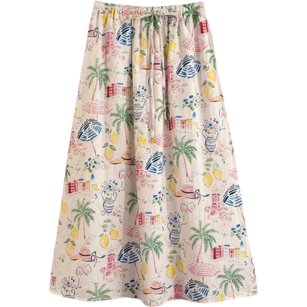 Calypso St Barth Maxi Skirt Womens XS Ivory Tropical Lemon Linen Blend Coastal